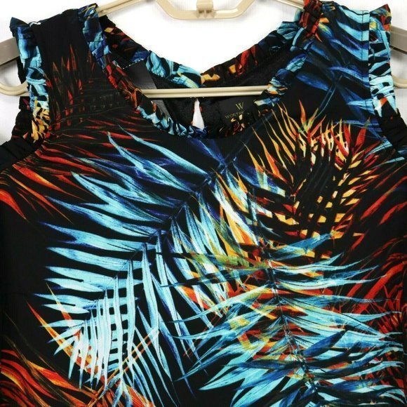Worthington Cold Shoulder Dress Black Blue Orange Red Hawaiian Palm Floral 8 - Picture 6 of 12